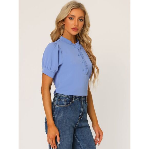 Top Puff Sleeve Half Placket Ruffled Shirt Blouses Blue - Picture 3 of 5